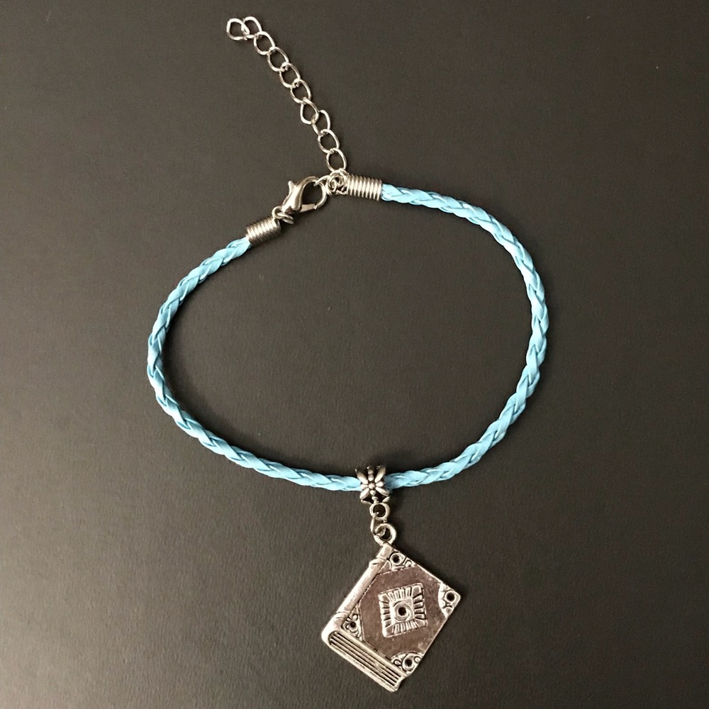 Sky Blue Braided Leather Book Charm Bracelet